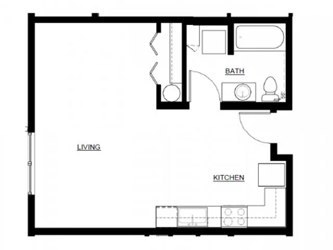 A floor plan of a house with a living room, kitchen, and bathroom.